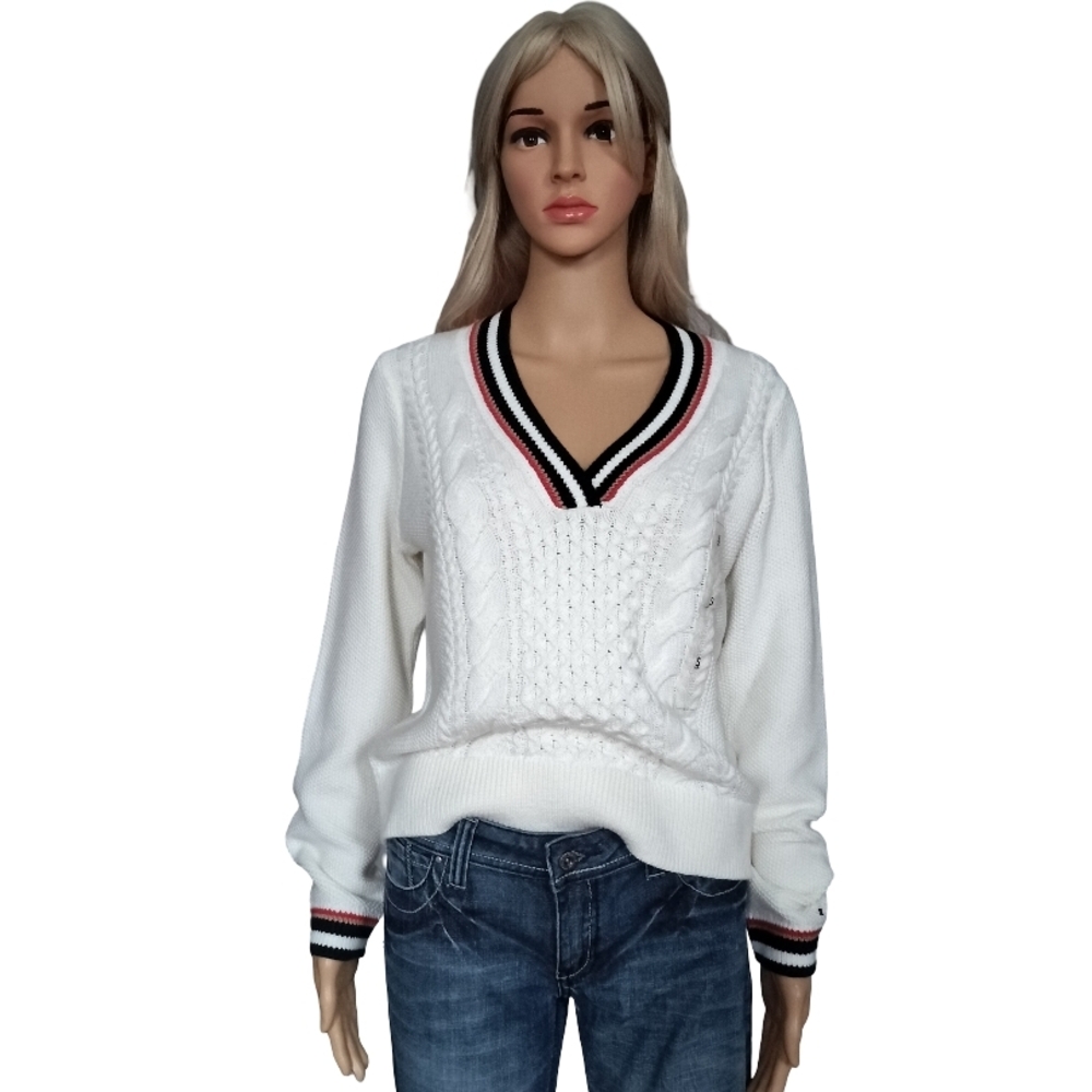 Tommy Hilfiger White V-Neck Sweater with Black and Red Accents
